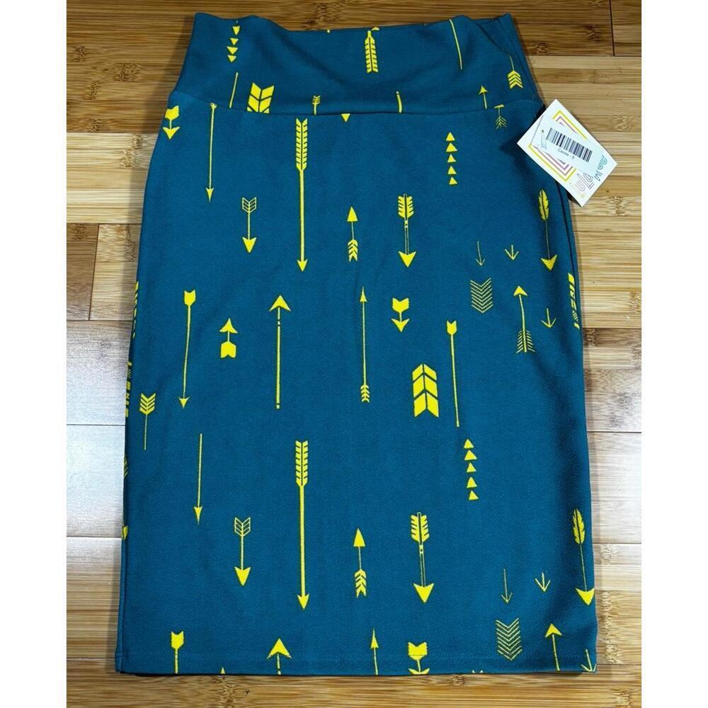NWT LuLaRoe Cassie Skirt Small Teal Yellow Arrow Print Pencil Stretch